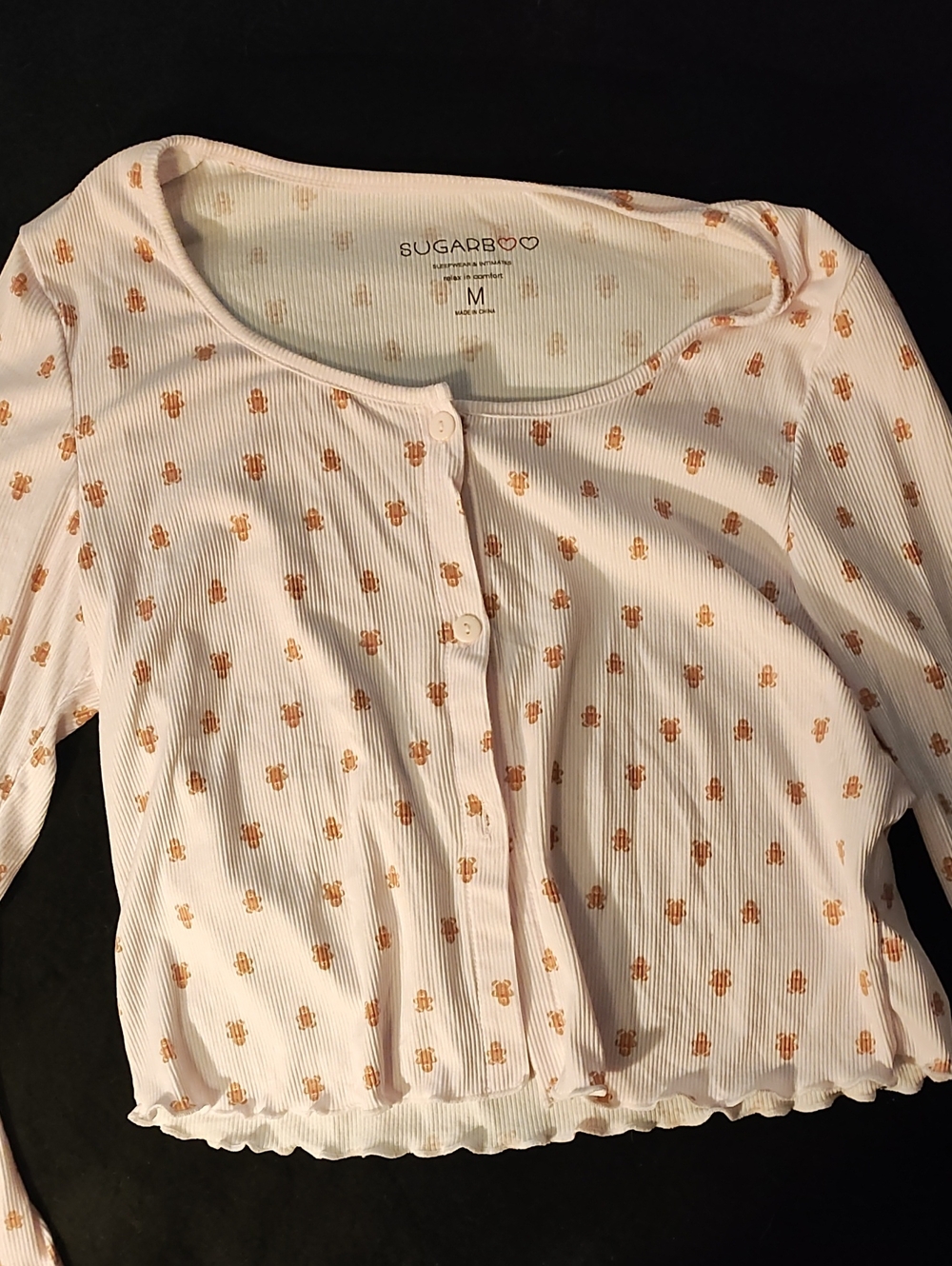Sugar Light Pink Ribbed Long-Sleeve Button Front Top with Brown Print